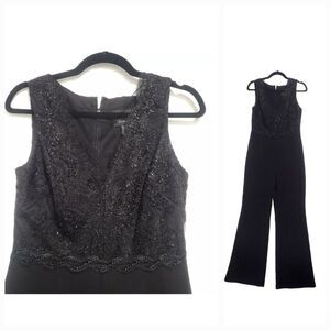 Adrianna Papell Black Evening Jumpsuit 6 Wide Leg Flared Lace Beaded one piece